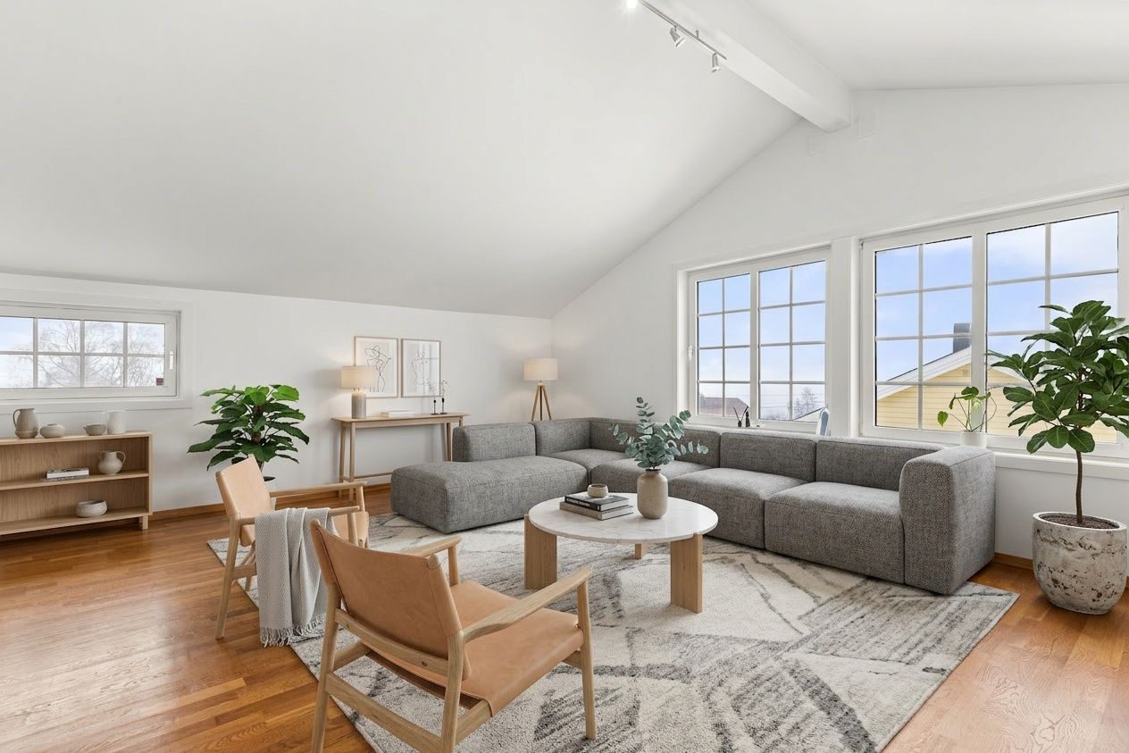 De store oppholdsrommene i boligen gir god plass til både familieliv og gjester. (Bildet er rendert med AI.)