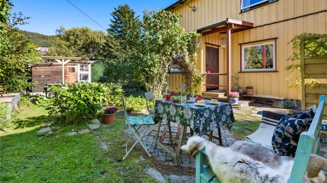 Meget sjarmerende hage med beplantninger, trær og prydbusker.