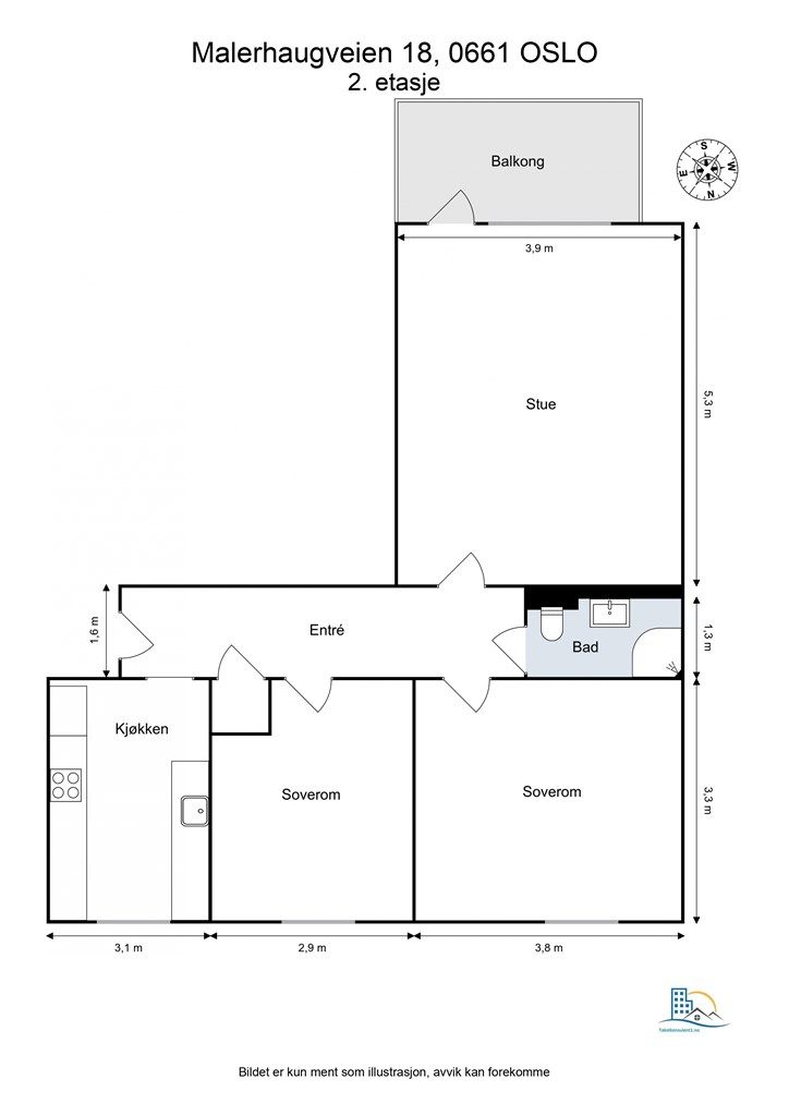 Leiligheten har en arealeffektiv og gjennomgående planløsning med adkomst til alle rom fra entréen.