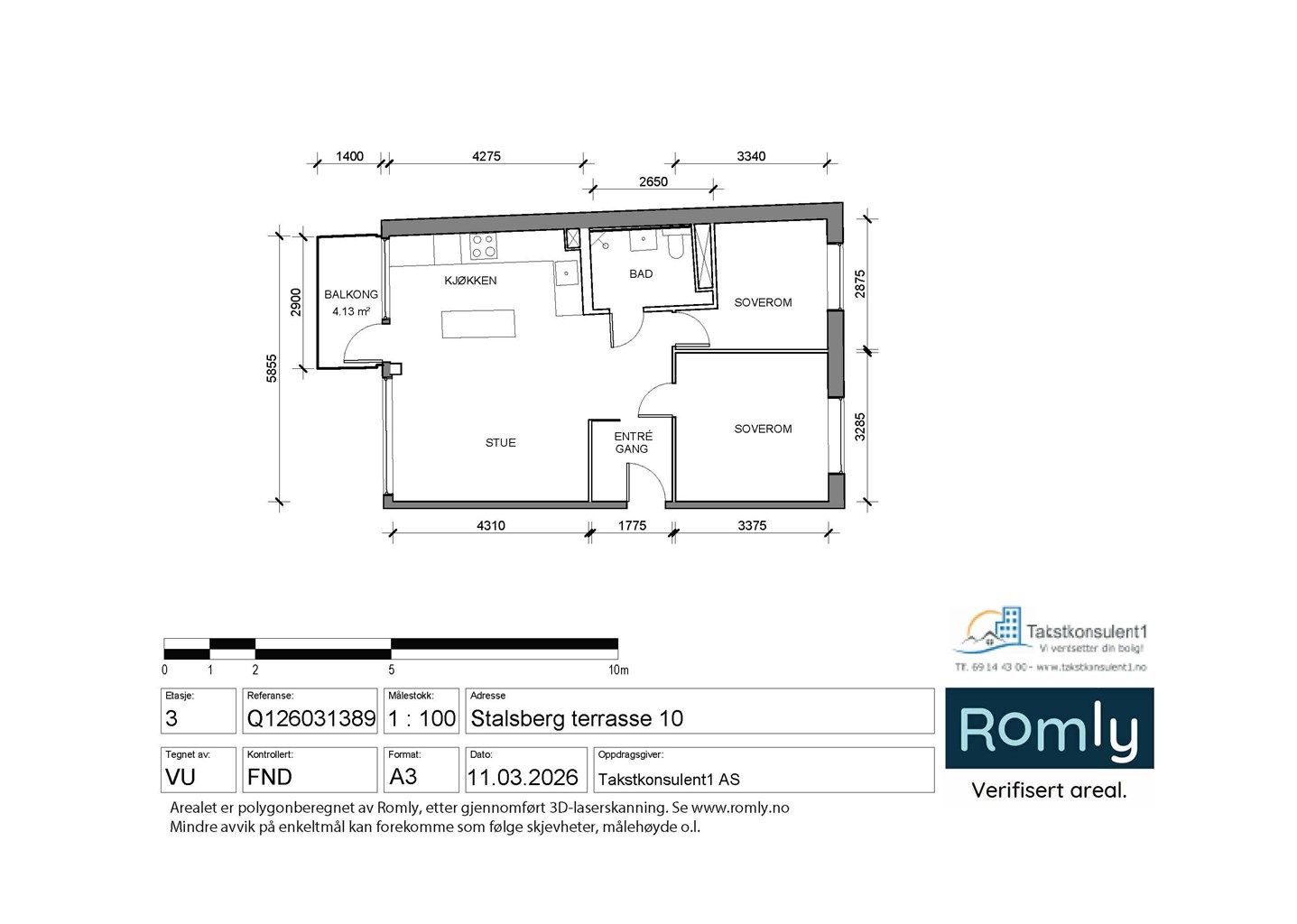 Leiligheten har en arealeffektiv planløsning på 58 m² med to soverom og en åpen stue- og kjøkkenløsning.