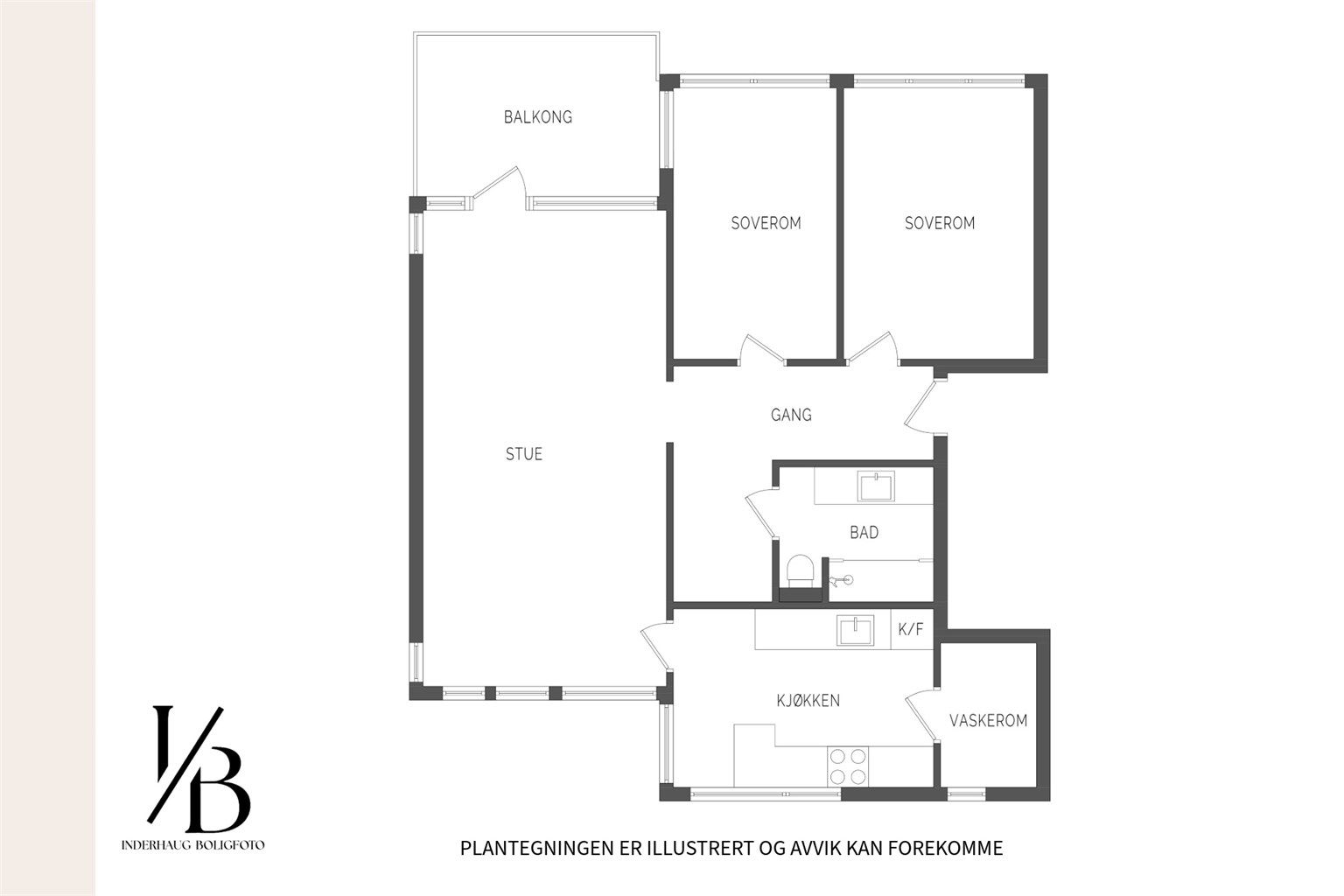 Plantegning. Leiligheten er målt til 77kvm (BRA-I).
