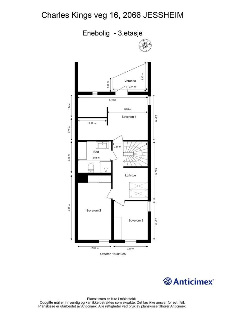 Plantegning 3. etasje - Toppetasjen rommer en privat sone med tre soverom, et stort bad og en lys loftstue. Hovedsoverommet har egen veranda.