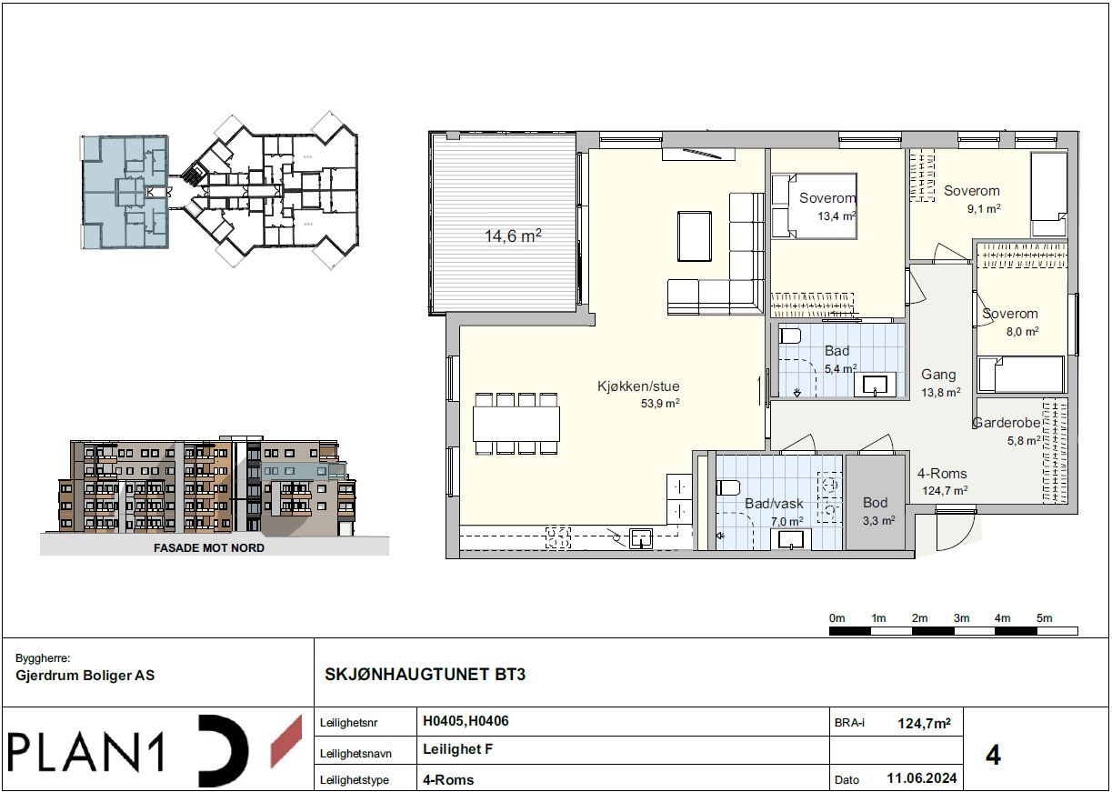 Leiligheten ligger i 4 etasje og har en svært god planløsning. Meget gode sol og utsiktsforhold, med  skjermet og sentral beliggenhet i Gjerdrum.  Plantegning: PLAN1