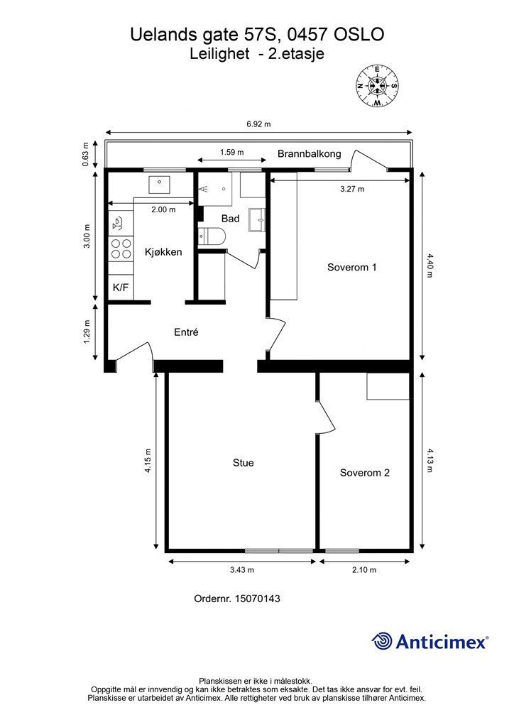Plantegning. Legg merke til den gode, gjennomgående planløsningen. Bod på kjeller og loft. 