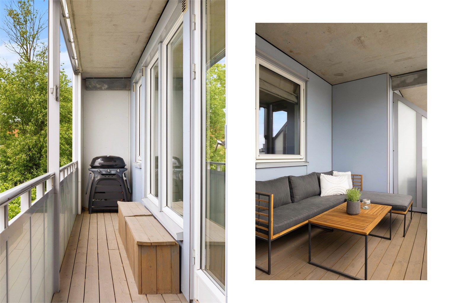 Den vestvendte balkongen er utstyrt med markise, terrassebord og utvendig stikkontakt – perfekt for lange sommerdager og hyggelige kvelder.