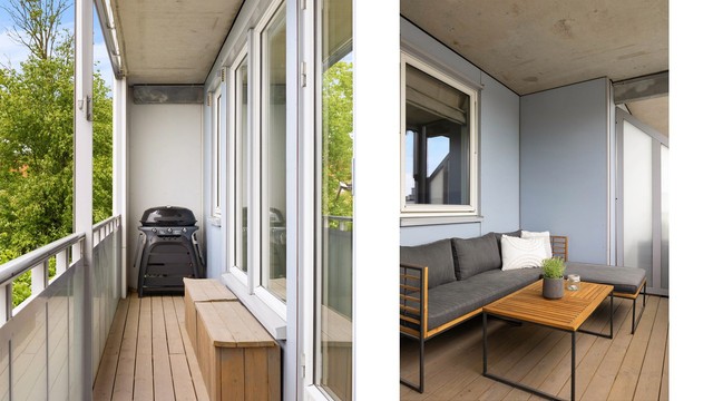 Den vestvendte balkongen er utstyrt med markise, terrassebord og utvendig stikkontakt – perfekt for lange sommerdager og hyggelige kvelder.