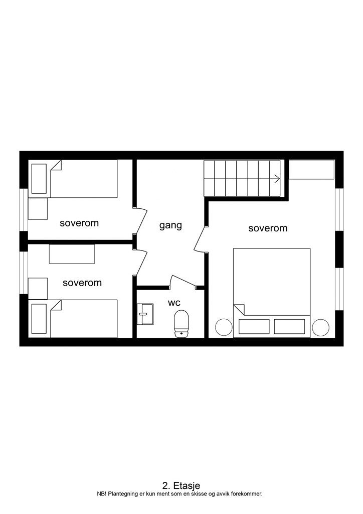 Andre etasje er en privat sone med tre soverom, gang og et separat toalettrom.