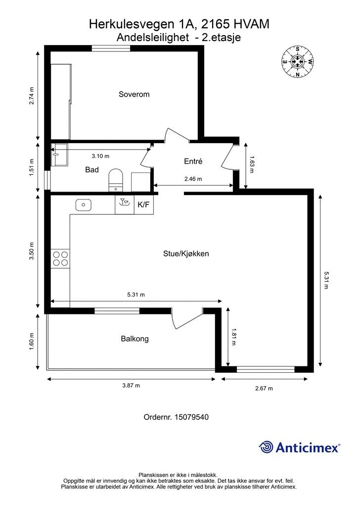 Leiligheten har en effektiv planløsning på 52 m² BRA-i, fordelt på entré, bad, soverom og stue/kjøkken.