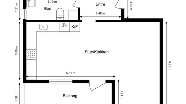 Leiligheten har en effektiv planløsning på 52 m² BRA-i, fordelt på entré, bad, soverom og stue/kjøkken.