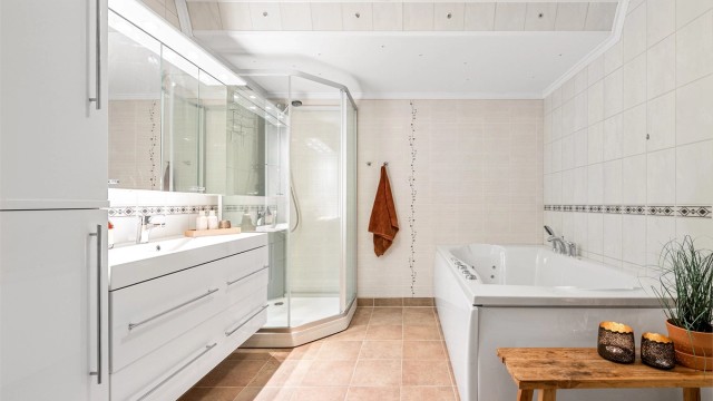 Stort bad i underetasjen med både dusjkabinett og boblebad.