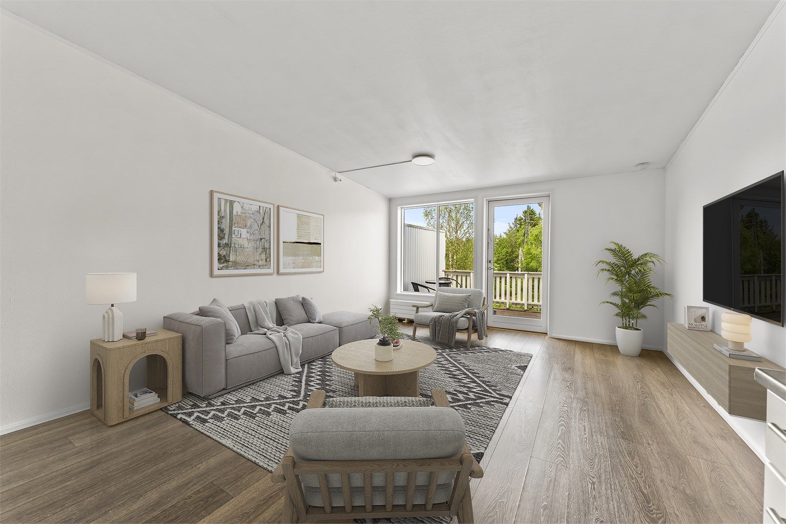 Store vindusflater slipper inn rikelig med naturlig lys som gir en luftig romfølelse (Digitalt stylet foto)