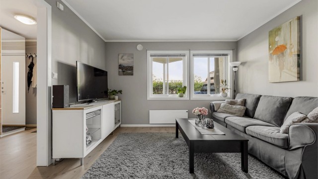 Rommet har plass til både sofagruppe og TV-møblement.