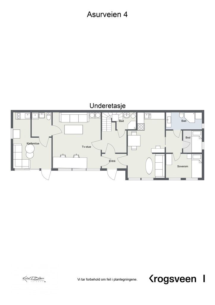 Underetasjen er innredet som en egen boenhet og inneholder blant annet entré, stue/kjøkken, TV-stue, soverom og to bad. Bruksendringer i etasjen er ikke omsøkt.