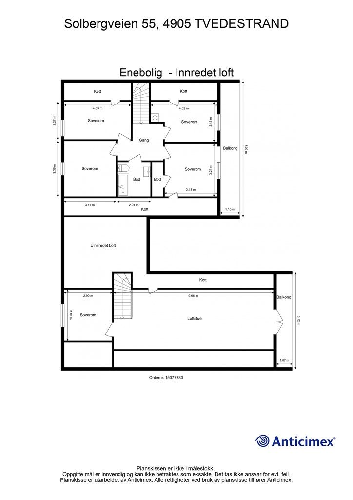 Plantegning 2. etasje - Det gjøres oppmerksom på at det kun er tre godkjente soverom på loftet, se mer info i salgsoppgaven.