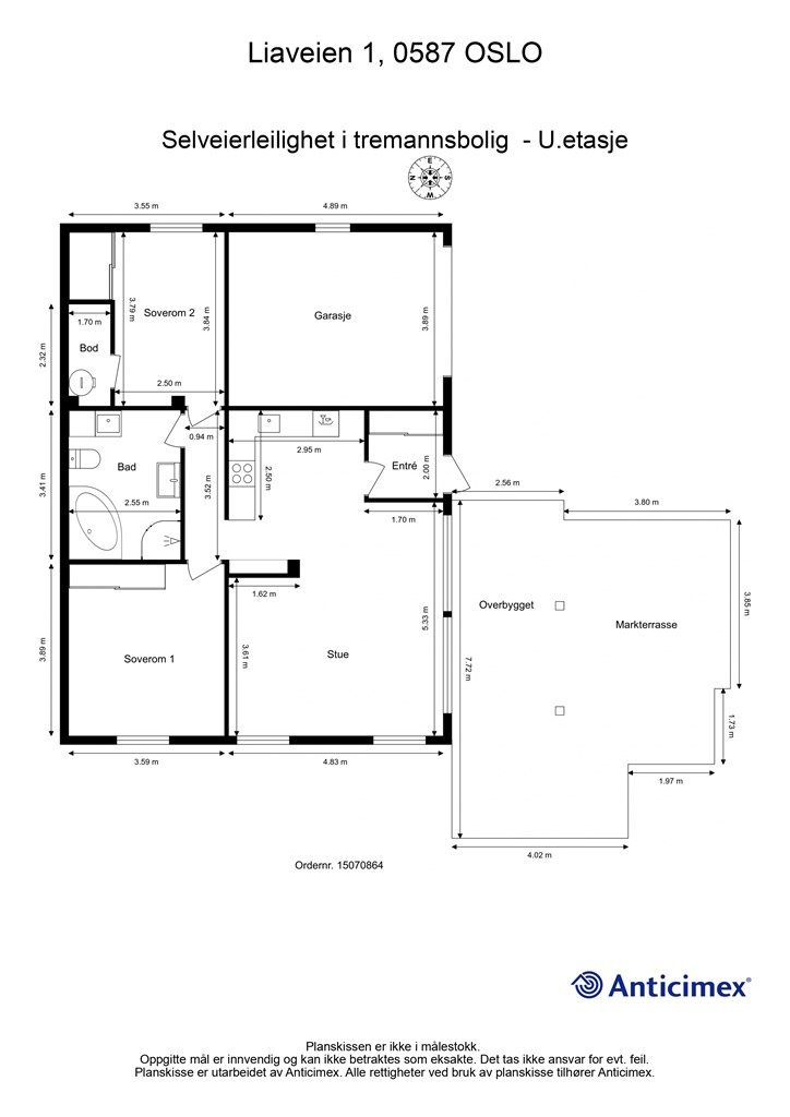 Plantegning (det er i dag blendet igjen en dør mellom seksjon 1 og seksjon 2 ved soverom 2).