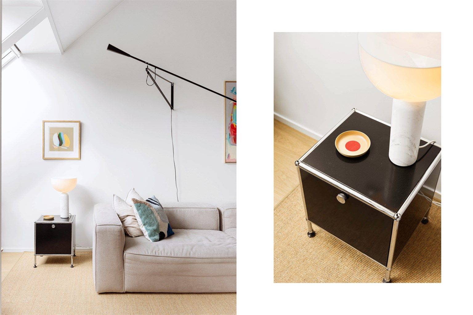 Sisal, eik og stål møtes i stuen og danner den samme rolige materialpaletten som preger resten av boligen.