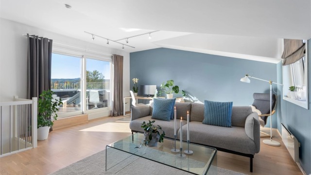 Fin TV-stue med plass til sofagruppe og hjemmekontorplass