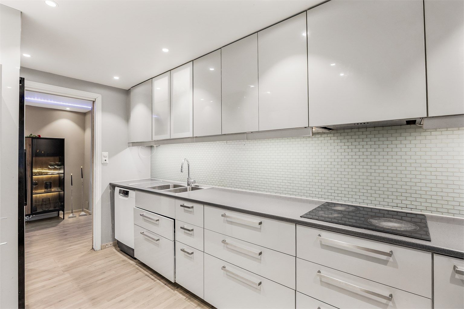 Kjøkkenet har frittstående oppvaskmaskin, kjøleskap og fryser.