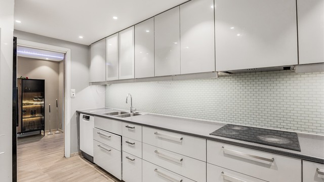 Kjøkkenet har frittstående oppvaskmaskin, kjøleskap og fryser.