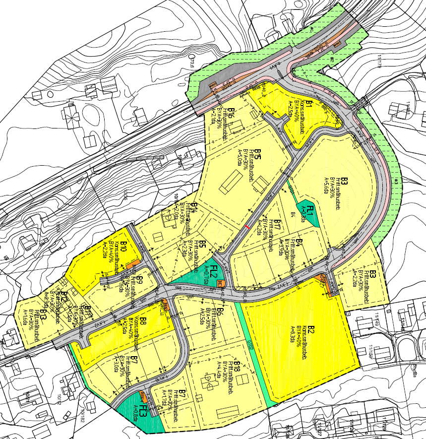 Situasjonsplanen viser de fem separate utviklingsfeltene (B6-B10). Vann, avløp, strøm og fiber er ført frem til tomtegrensen, noe som sikrer en effektiv byggestart.