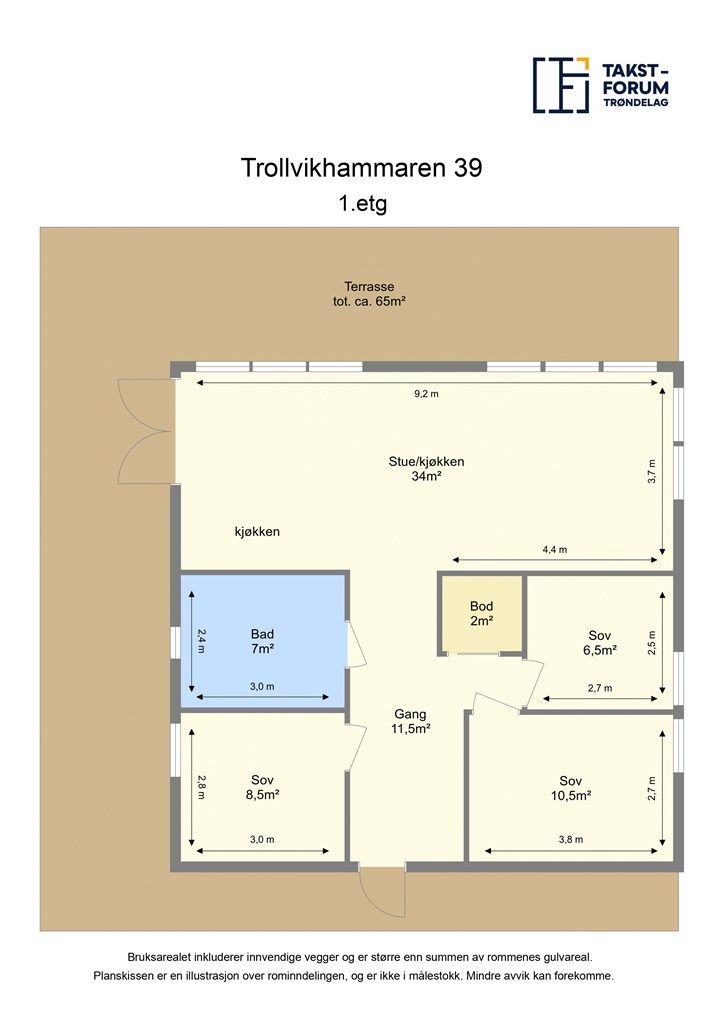 Planskisse med lengde- og breddemål på alle oppholdsrom