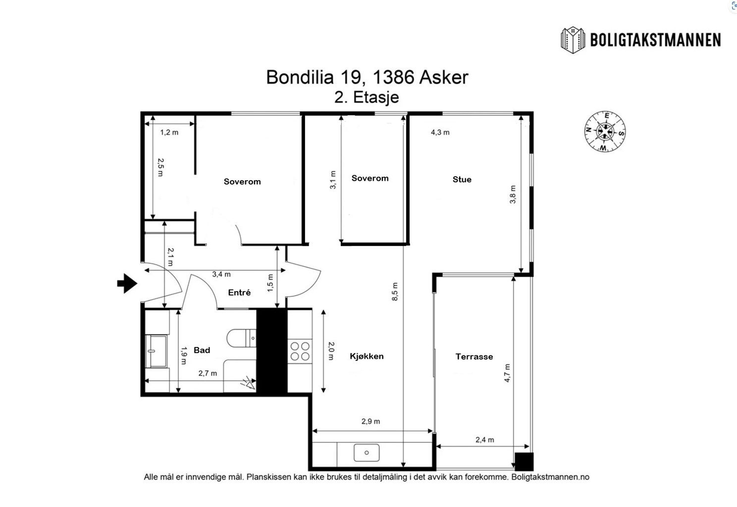 Alternativ planskisse 2. Leiligheten har flere muligheter for å etablere 3-roms løsning. 