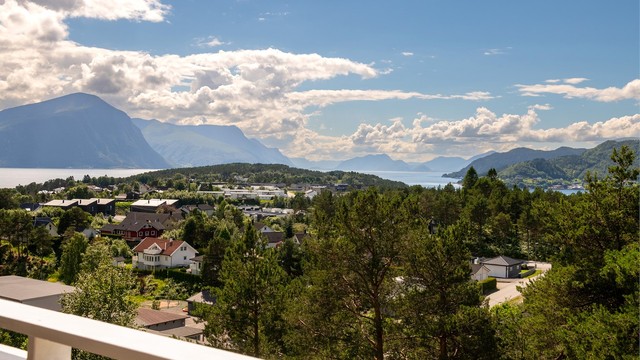 Utsikt over nærområdet fra balkongen i loftsetasjen.