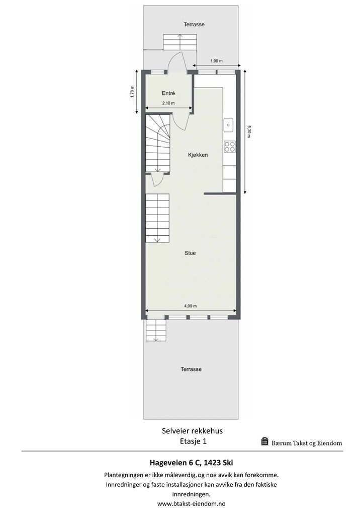 Plantegning 1.etasje. 
(Ominnredning av opprinnelig matbod til del av entrè er ikke bruksendret/byggemeldt). 