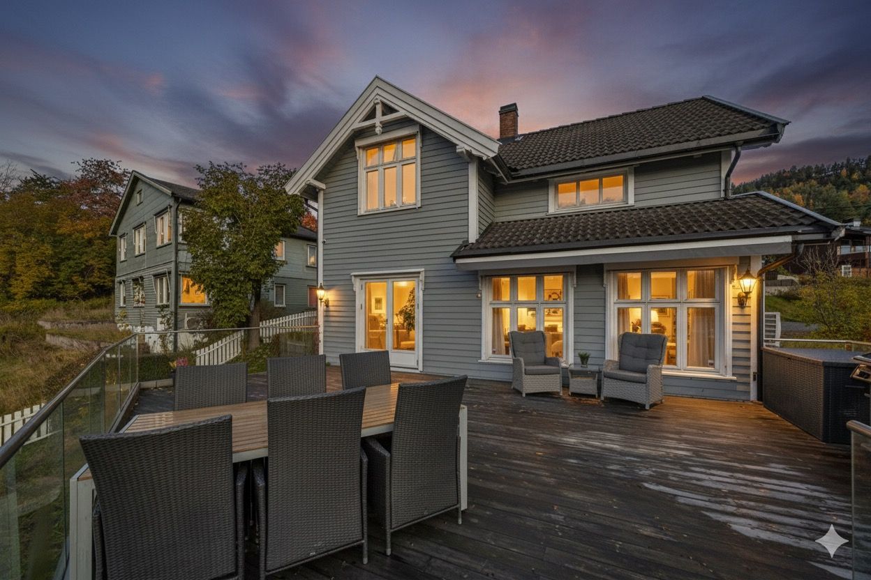 Uteplassene har sol fra tidlig morgen til ca. kl. 21.00 (midtsommerstid) iflg. selger. 