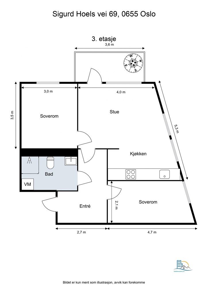 Leiligheten har en praktisk planløsning med to soverom og en åpen sosial sone. En romslig kjellerbod på 8,2 m² medfølger også.