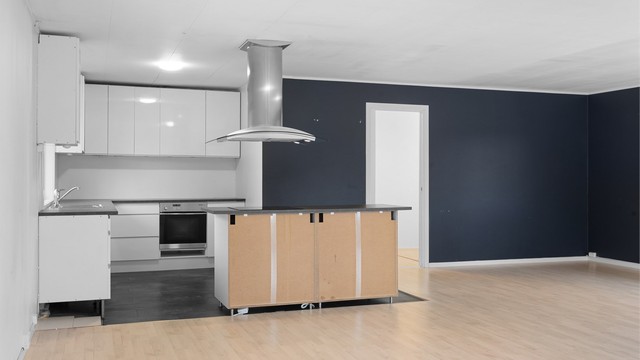 Kjøkken med innredning med slette fronter fra 2018. Benkeplate med laminert flate med nedfelt oppvaskkum.