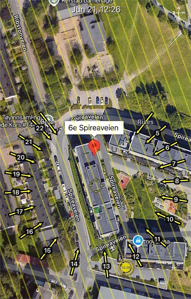 Solkart er kun ment som en illustrasjon over solforholdene midtsommers (21.6). Teknologien som brukes kan slå feil pga. kalibrering e.l. Solforhold må derfor også kontrolleres selv ved hjelp av kompass, kart eller egen app hvis dette er av betydning