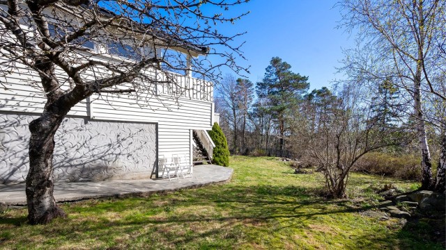 Stor hage opparbeidet med plen og beplantninger