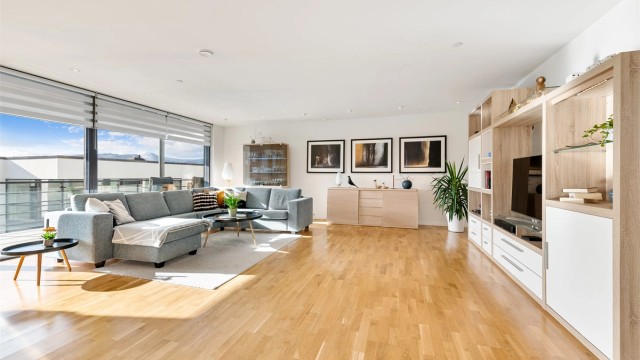 Store vindusflater mot syd gir godt med naturlig lysinnslipp i stuen