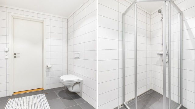 Rør-opplegg til vaskemaskin finnes i leilighetens bod/tekniske rom som har flislagt gulv med sluk.