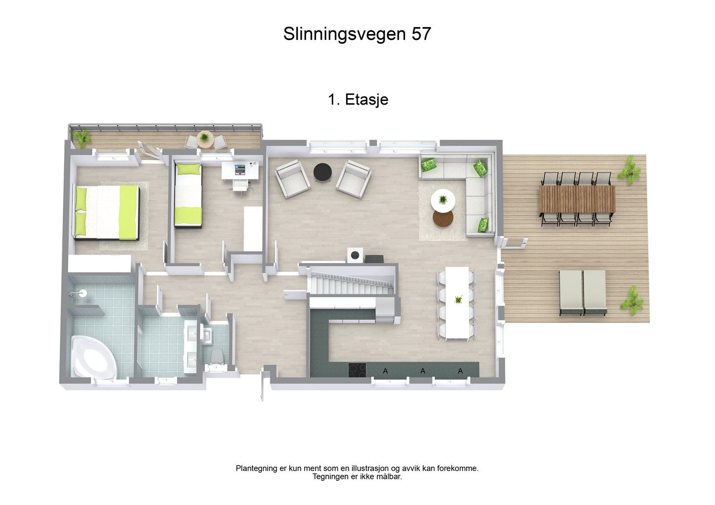 Møblert plantegning som illustrerer mulighetene i første etasje, med en åpen stue- og kjøkkenløsning og adskilt soveromsavdeling.