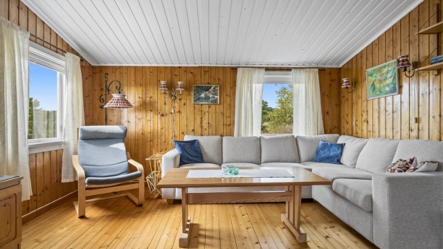 Stua rommer både sofakrok og spisestue.