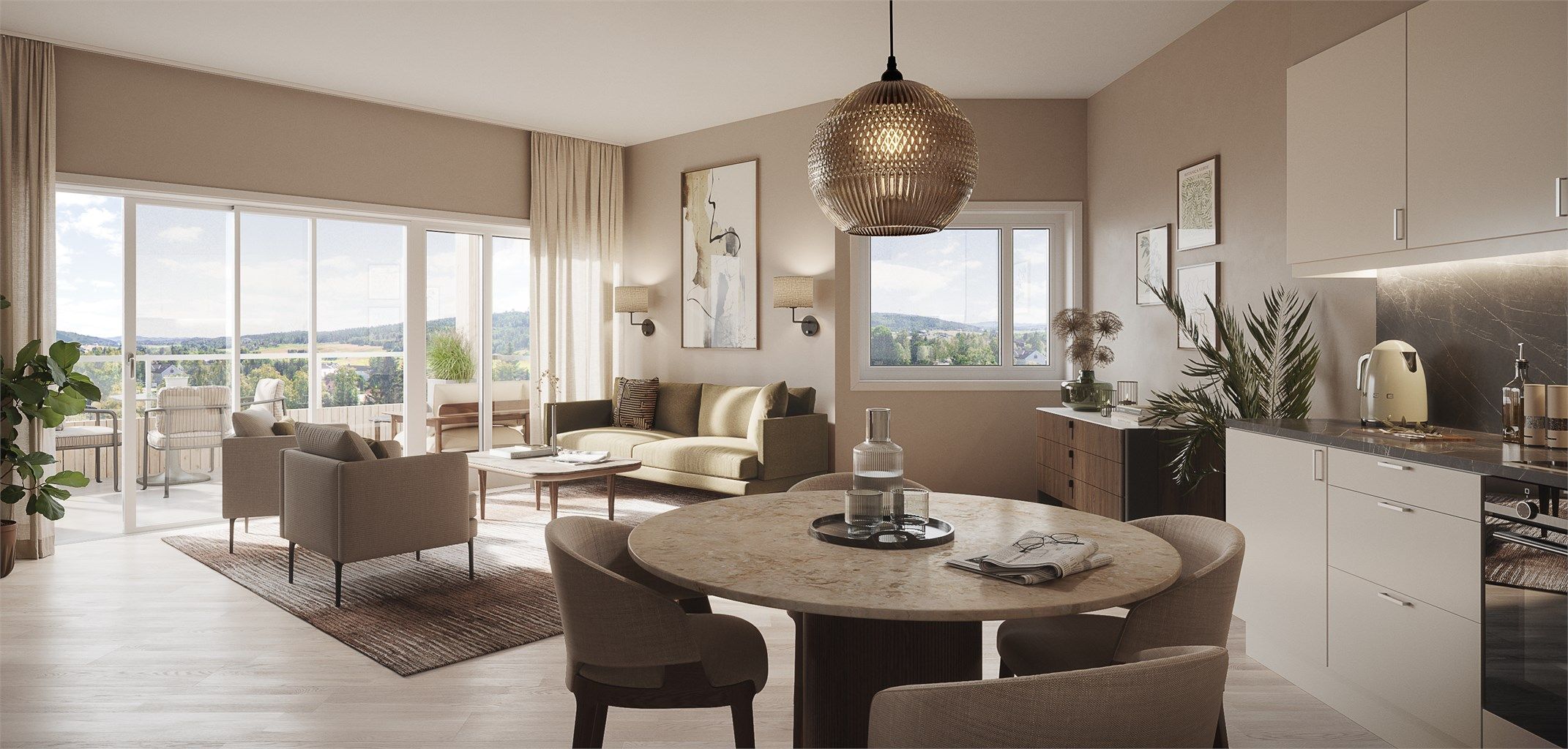 Illustrasjon fra trinn 3. Store vindusflater mot balkong, som slipper godt med naturlig lys inn. Usjenerte terrasser med gode utsiktsforhold og lite innsyn! 