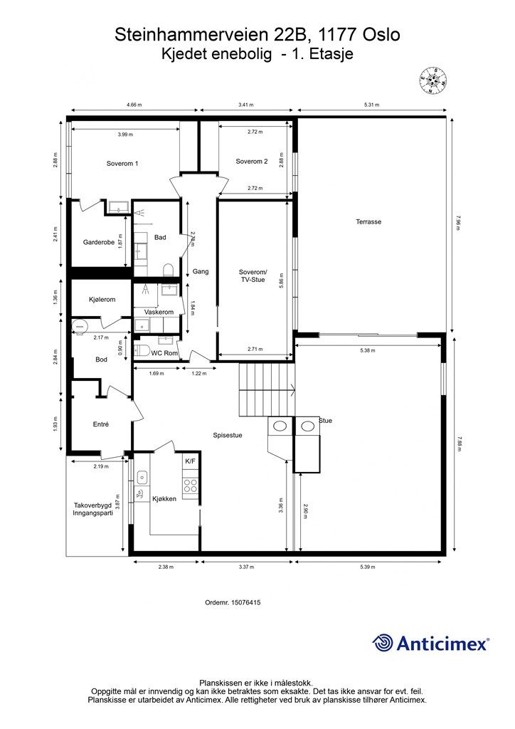 Plantegningen viser en innholdsrik bolig over to halvplan med en arealeffektiv planløsning.