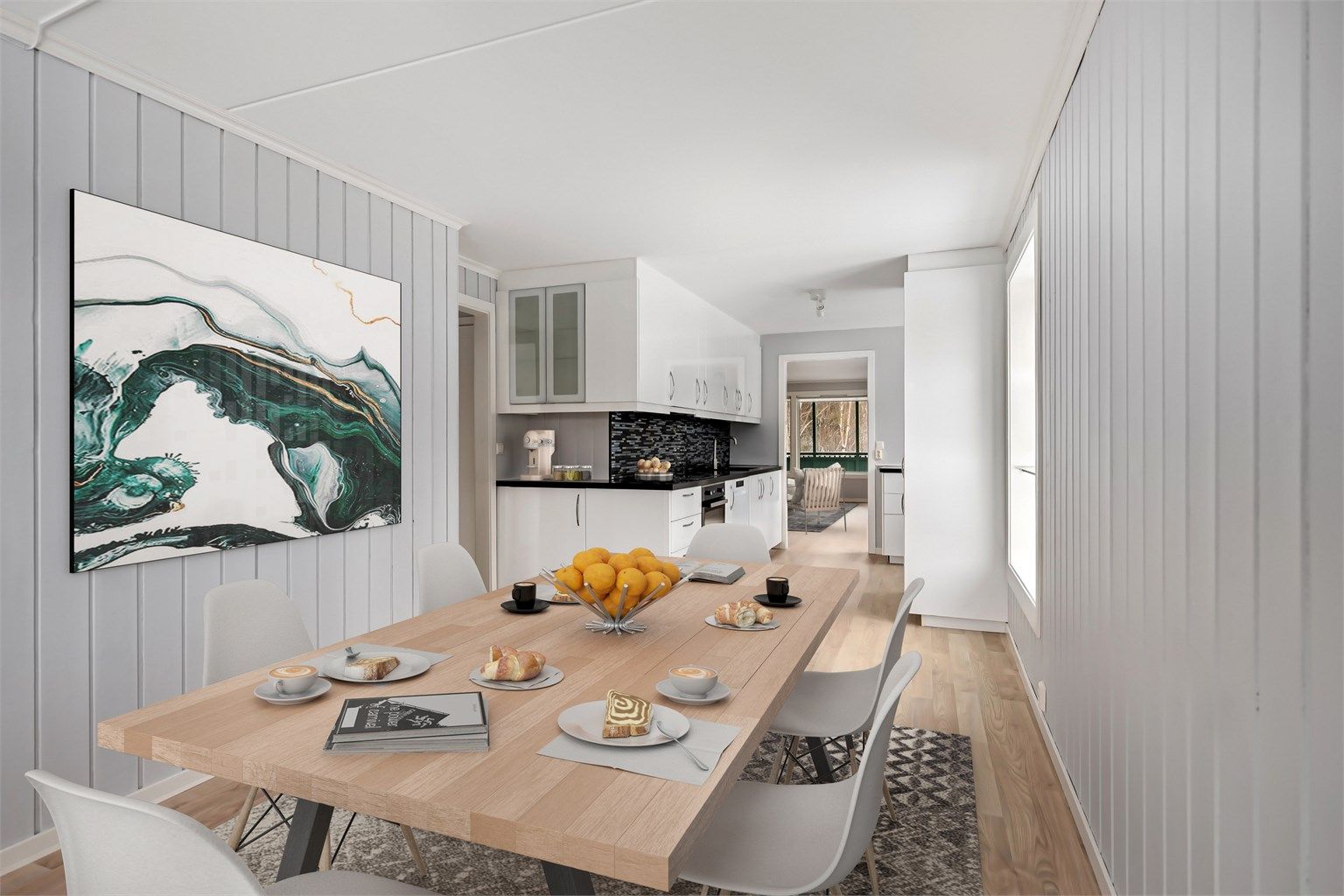 Kjøkkenet er romslig med plass til stort spisebord. Foto m dig. styling Zovenifra.no