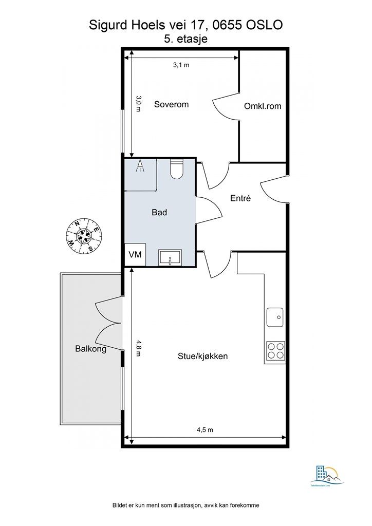  Boligen inneholder entré, stue, kjøkken, bad og soverom med omkledningsrom. 