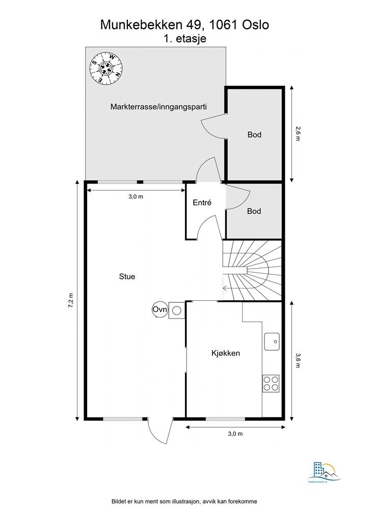 Første etasje har en praktisk rominndeling med entré, stue, kjøkken og en innvendig bod. Fra stuen er det utgang til en sydvestvendt markterrasse.