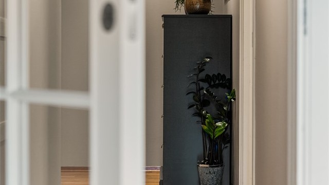 Profilerte innerdører og glassdør mellom gangen og stuen.
