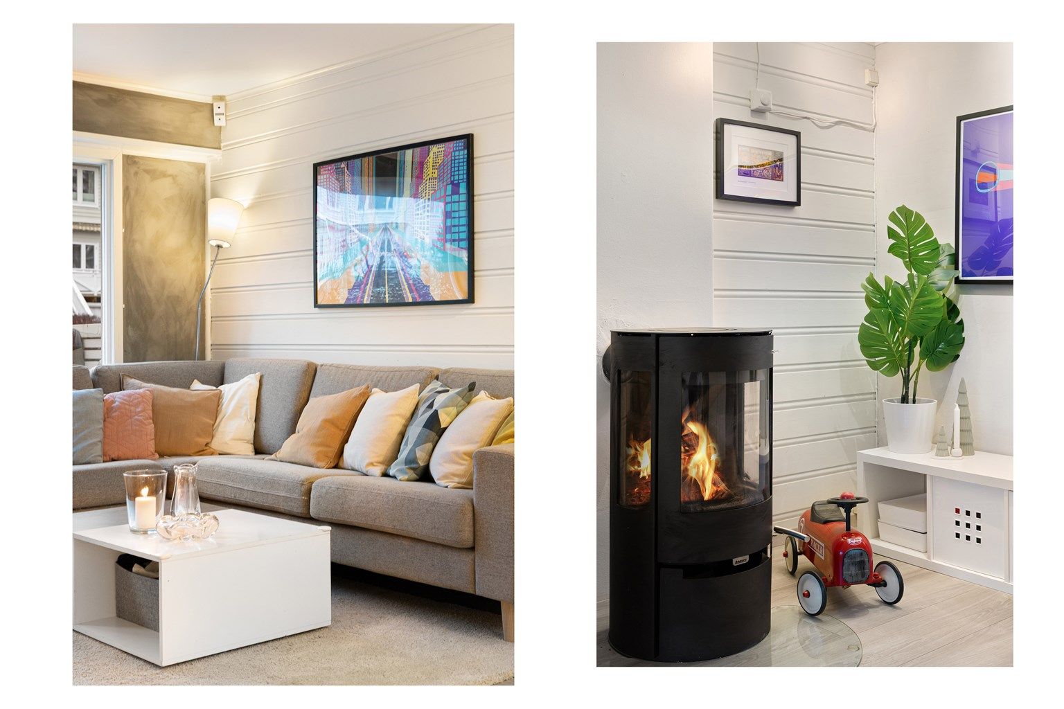 Det er stor fleksibilitet for innredning – her kan du enkelt kombinere sofagruppe, TV-løsning og andre møbler etter behov. Den stilrene peisovnen fra 2013 gir både varme og en hyggelig atmosfære!