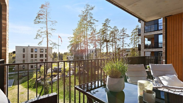 Fra verandaen ser man ut over de grønne og velstelte fellesarealene.