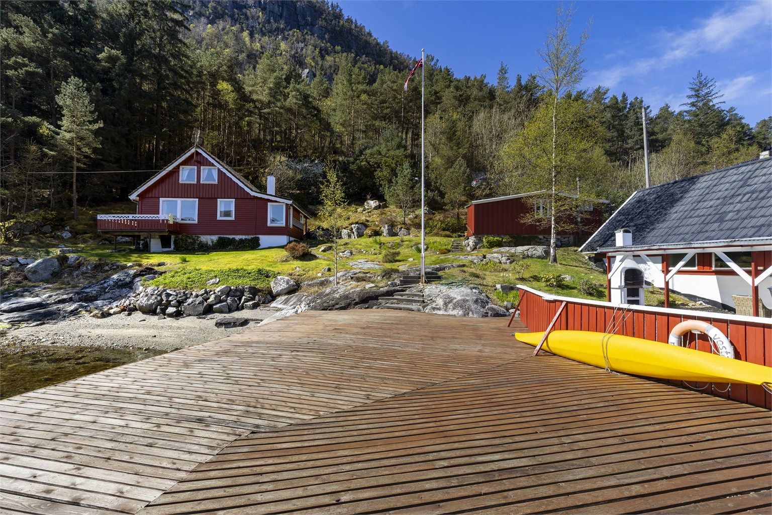 Utsikt fra bryggen opp mot den lune og usjenerte beliggenheten.