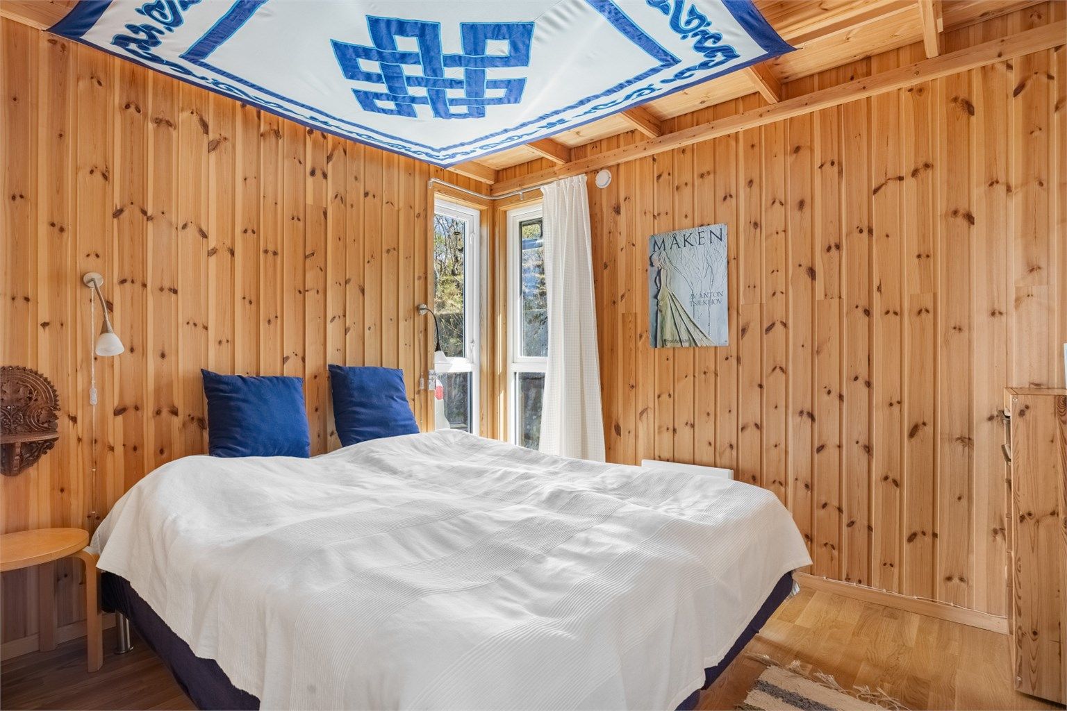 Et av tre soverom på 8 kvm med god plass til dobbeltseng av ønsket størrelse, nattbord og garderobeskap. 