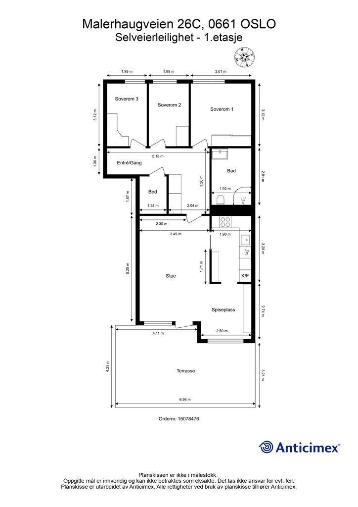 Leiligheten har en arealeffektiv planløsning som rommer entré, tre soverom, bad, bod og stue med kjøkken.