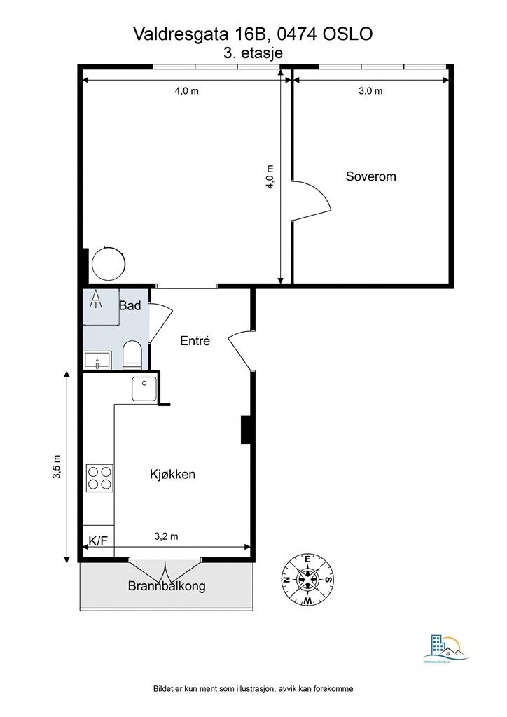 En arealeffektiv og gjennomgående planløsning på 47 m² fordeler entré, bad, kjøkken, soverom og stue.