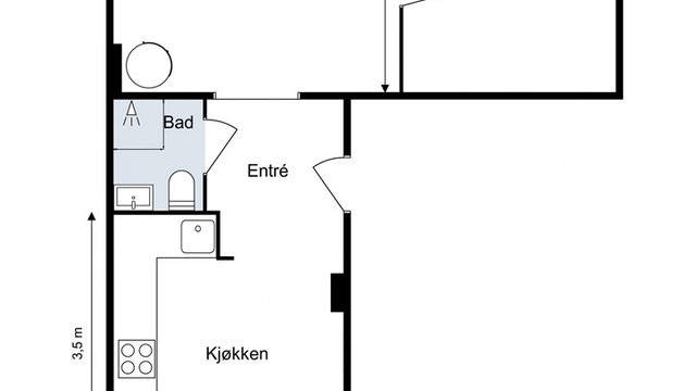 En arealeffektiv og gjennomgående planløsning på 47 m² fordeler entré, bad, kjøkken, soverom og stue.